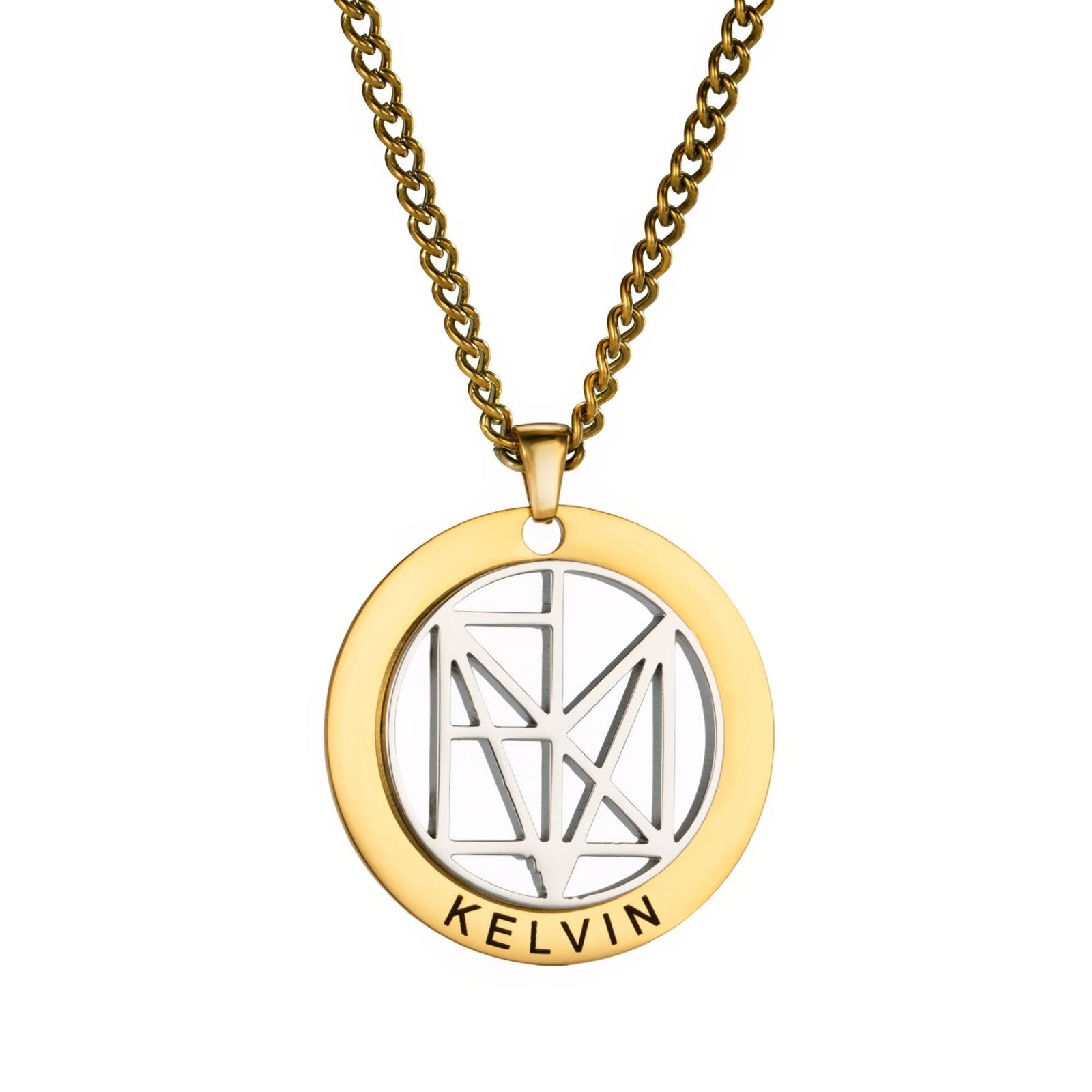 Collier prénom gravé style géométrique, pendentif rond en acier inoxydable, homme ou femme