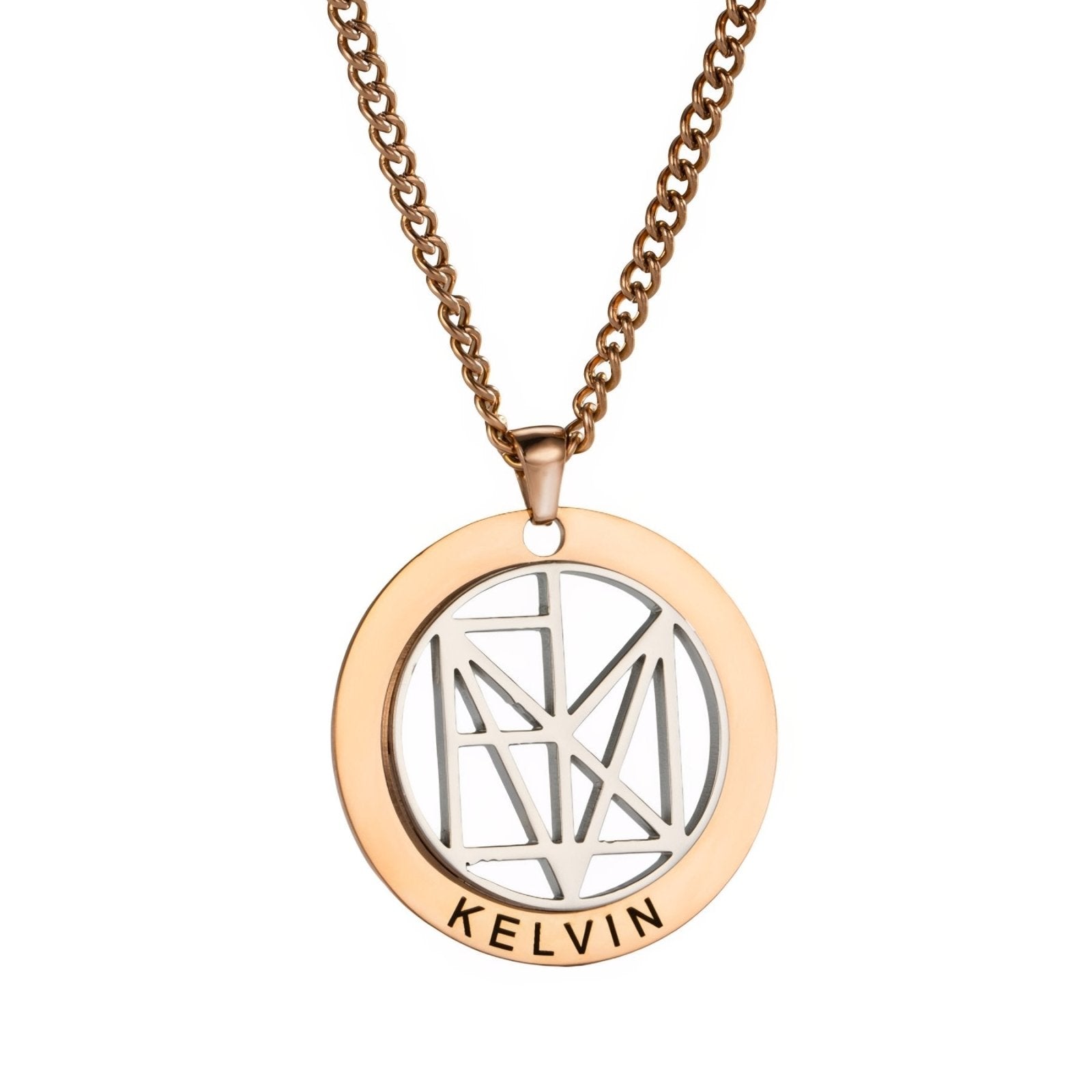 Collier prénom gravé style géométrique, pendentif rond en acier inoxydable, homme ou femme