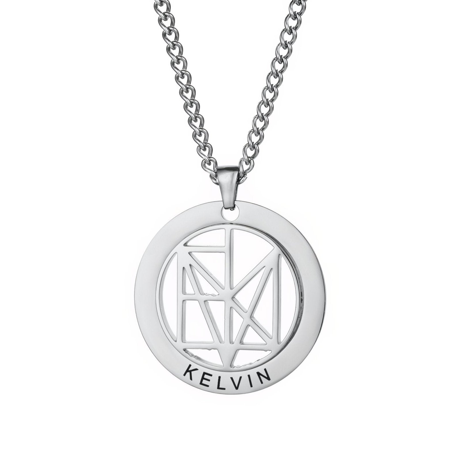 Collier prénom gravé style géométrique, pendentif rond en acier inoxydable, homme ou femme