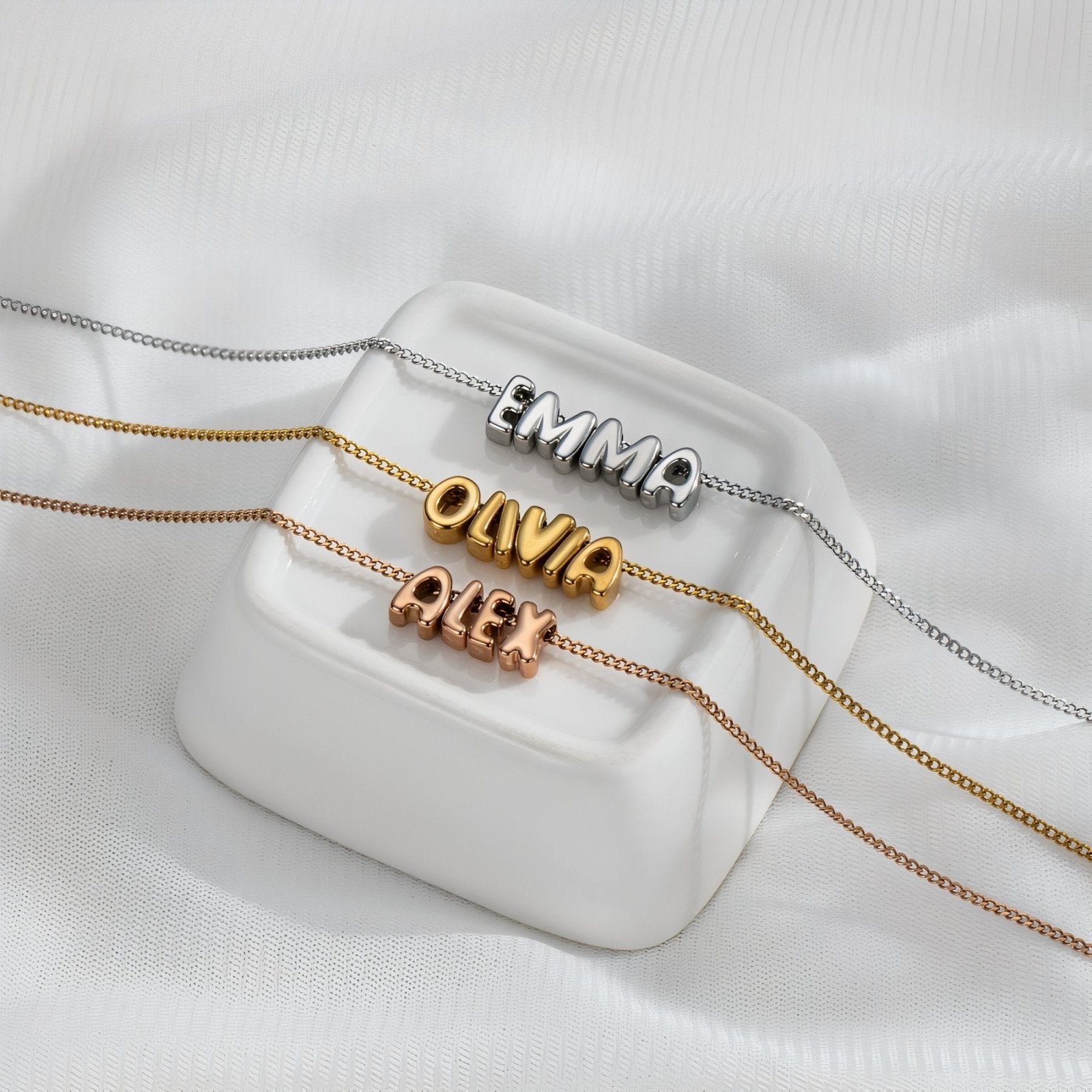 Collier prénom personnalisé, lettres 3D, chaîne fine en acier inoxydable, or ou argent