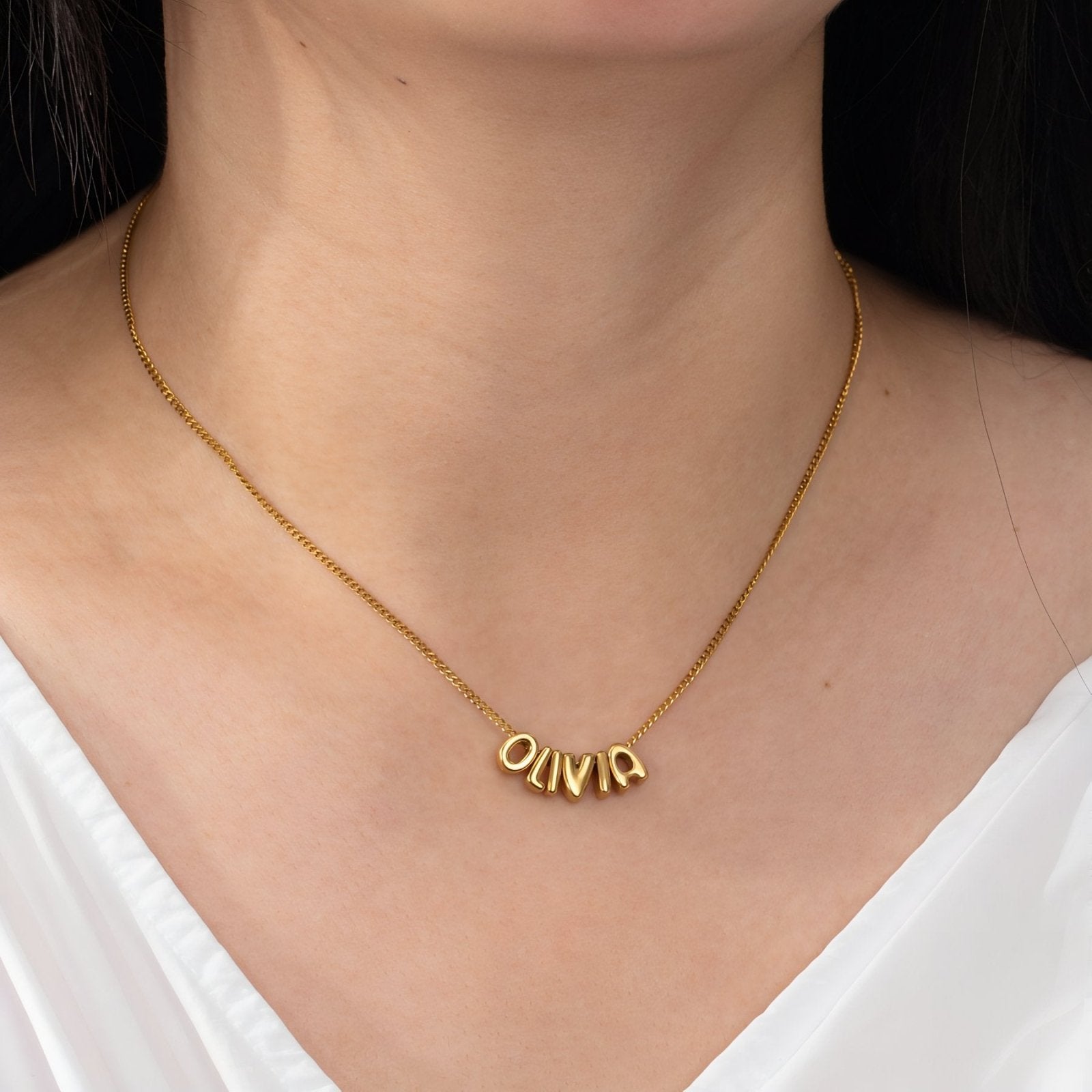 Collier prénom personnalisé, lettres 3D, chaîne fine en acier inoxydable, or ou argent