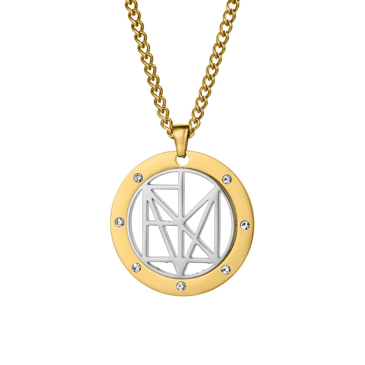Collier prénom style géométrique, pendentif rond en acier inoxydable avec zircons, homme ou femme
