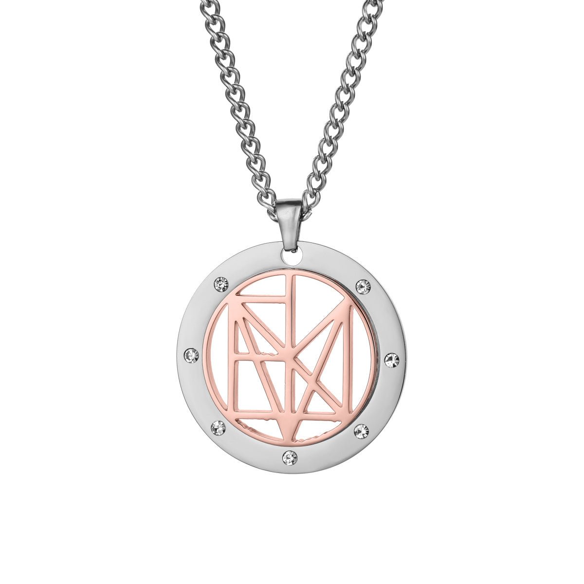 Collier prénom style géométrique, pendentif rond en acier inoxydable avec zircons, homme ou femme