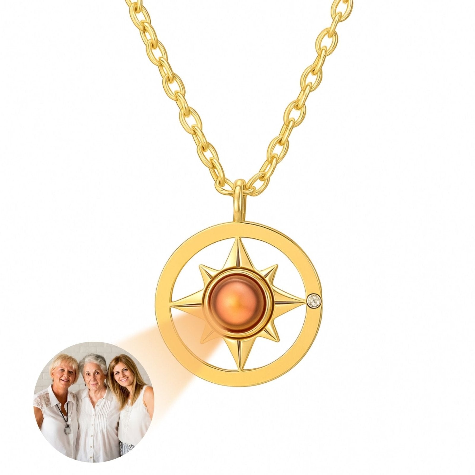 Collier projecteur photo personnalisé, pendentif rose des vents en inoxydable, modèle Lysandra