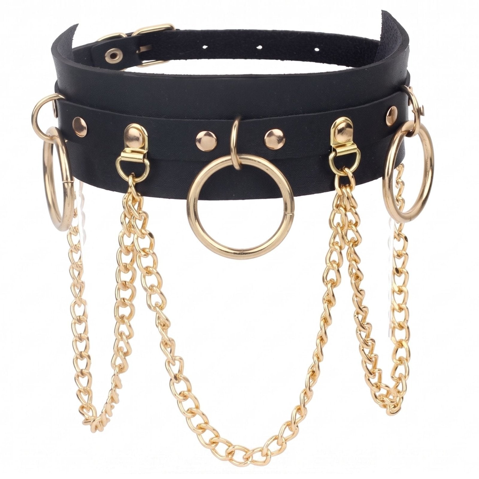 Collier punk pour femme, en simili cuir noir, chaînes multiples et anneaux en alliage métalliques