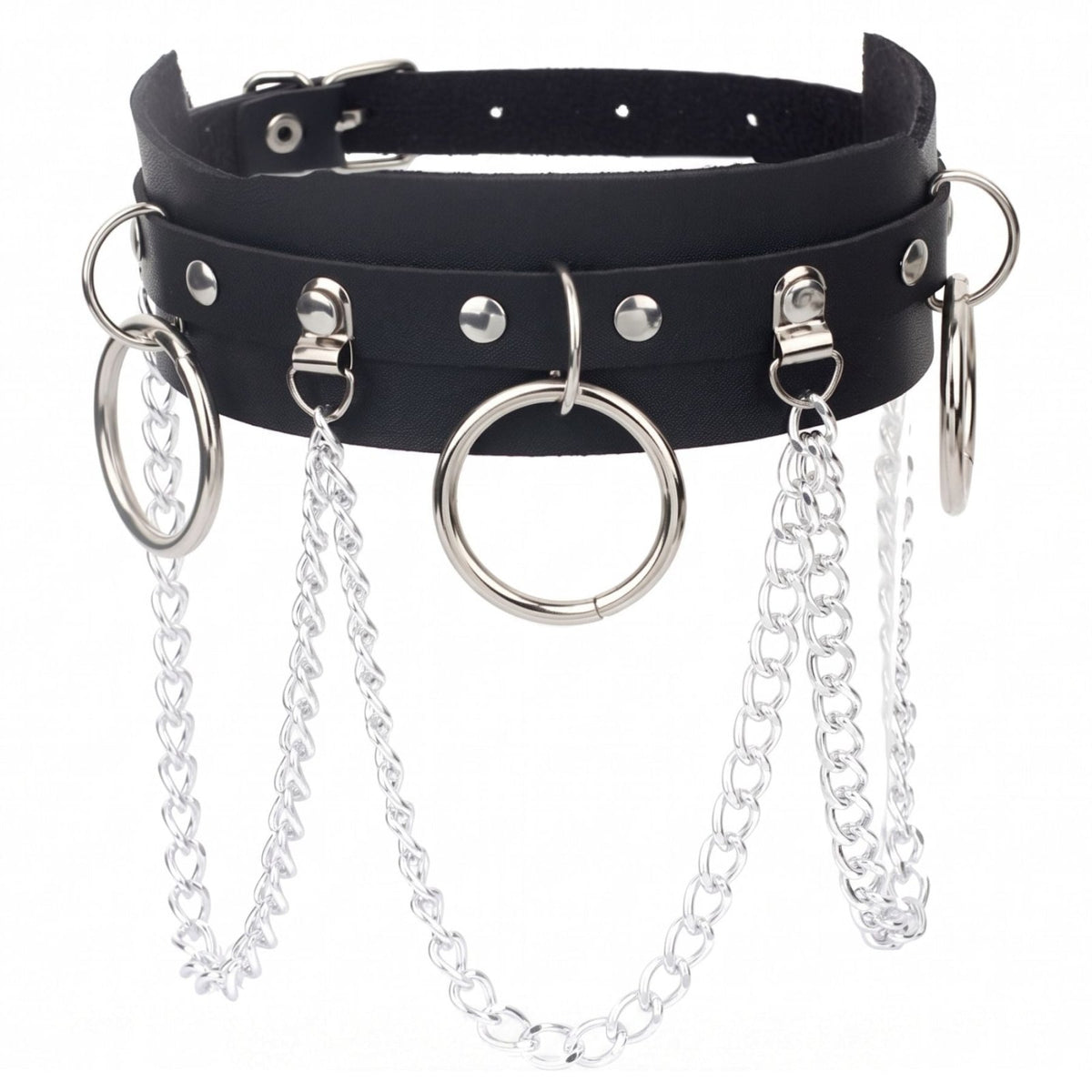 Collier punk pour femme, en simili cuir noir, chaînes multiples et anneaux en alliage métalliques