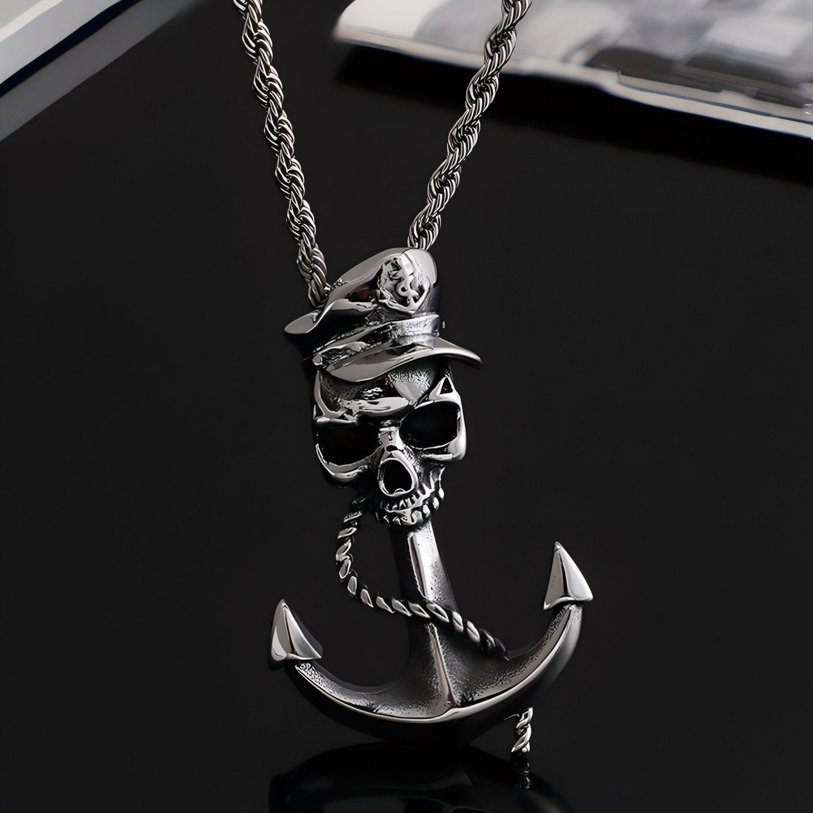 Collier punk pour homme, avec pendentif ancre marine et tête de mort, en acier inoxydable