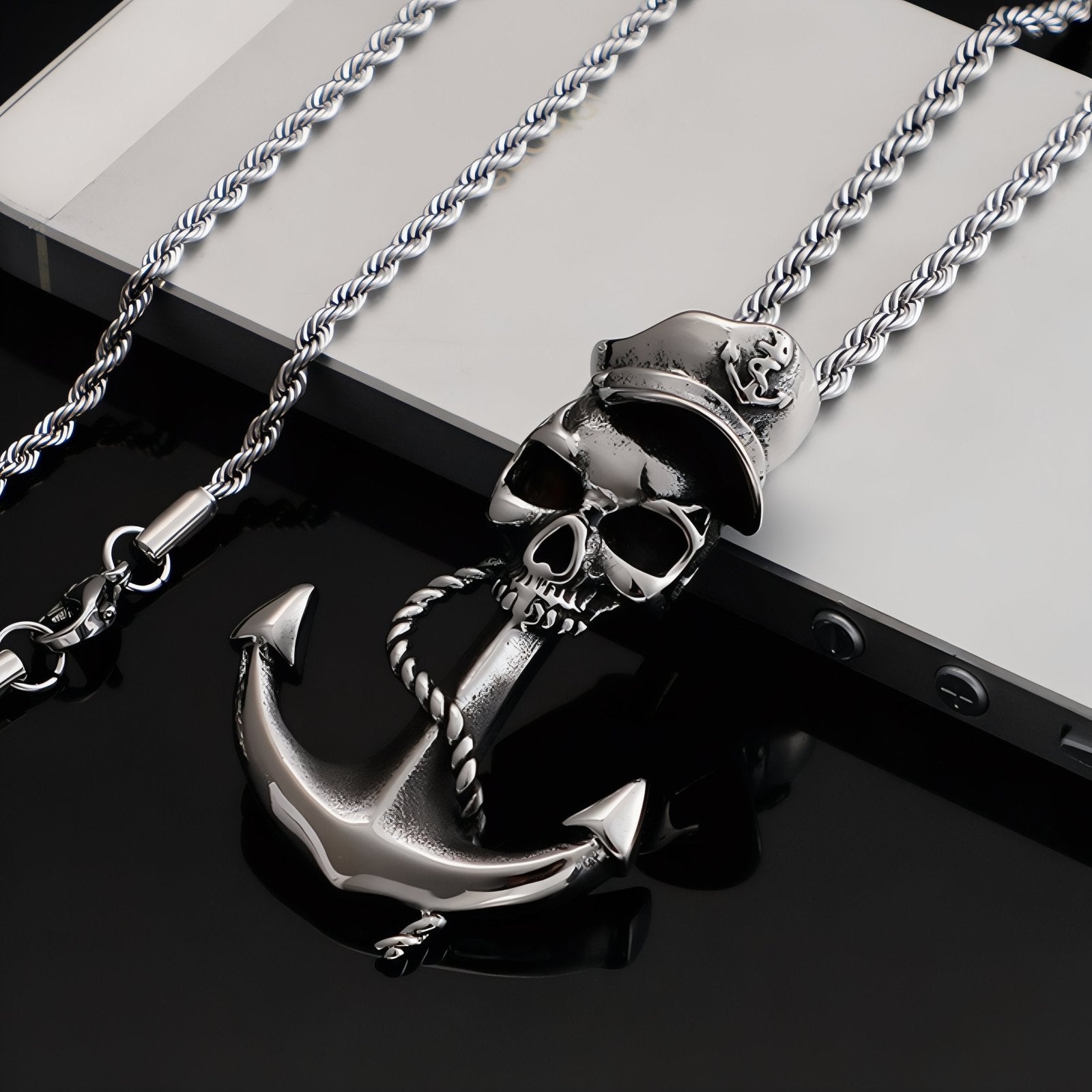 Collier punk pour homme, avec pendentif ancre marine et tête de mort, en acier inoxydable