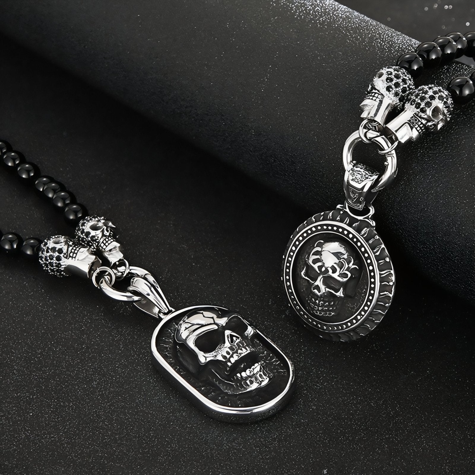 Collier punk pour homme, pendentif tête de mort, en perles naturelles d'agate et acier inoxydable