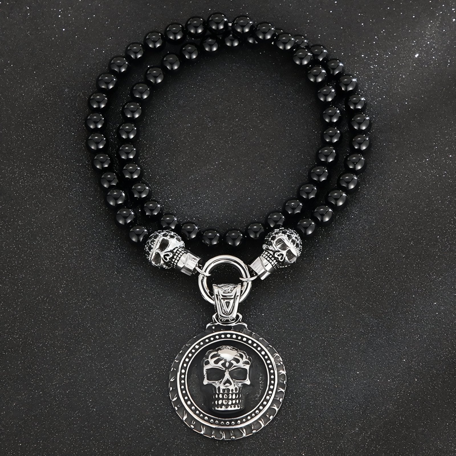 Collier punk pour homme, pendentif tête de mort, en perles naturelles d'agate et acier inoxydable