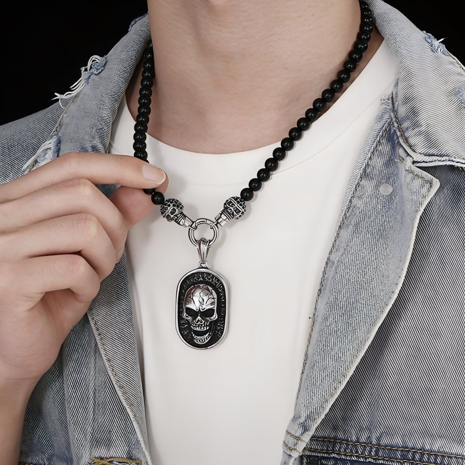 Collier punk pour homme, pendentif tête de mort, en perles naturelles d'agate et acier inoxydable