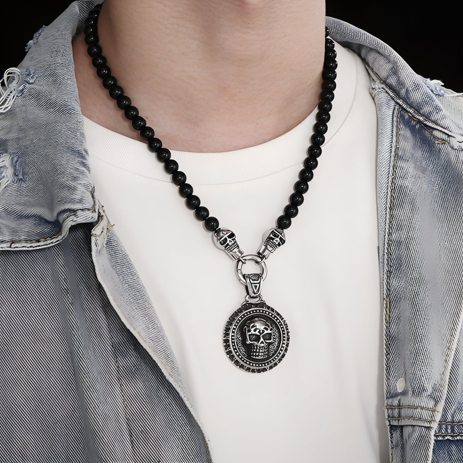 Collier punk pour homme, pendentif tête de mort, en perles naturelles d'agate et acier inoxydable