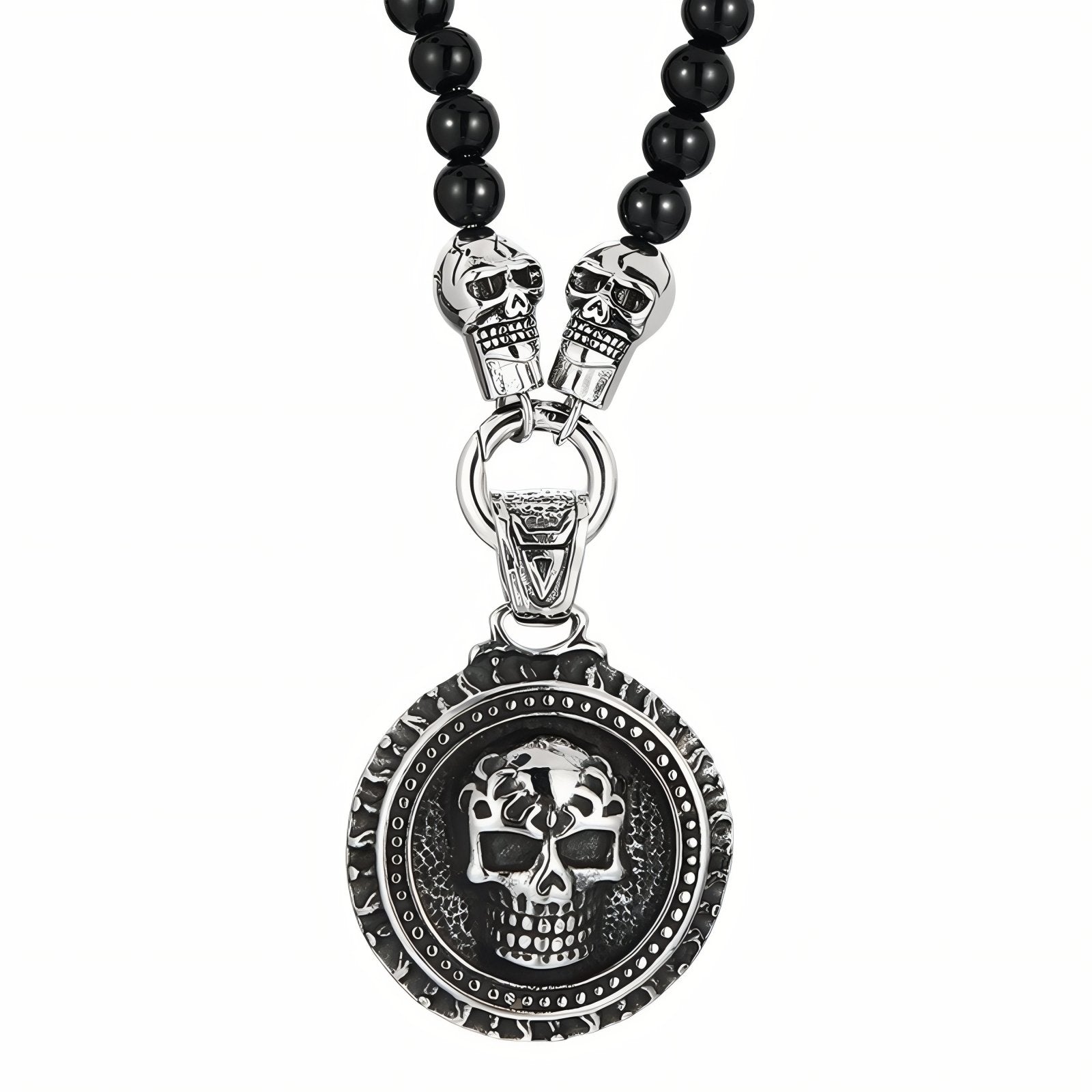 Collier punk pour homme, pendentif tête de mort, en perles naturelles d'agate et acier inoxydable
