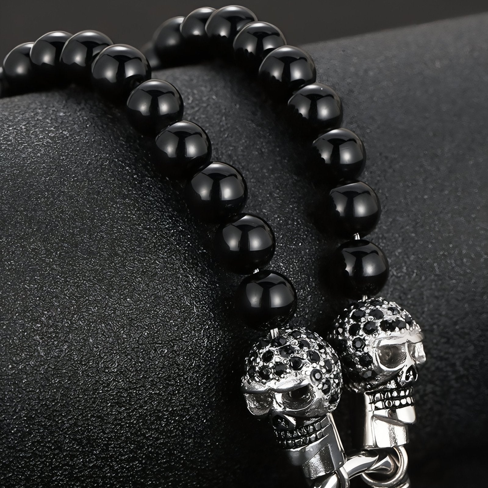 Collier punk pour homme, pendentif tête de mort, en perles naturelles d'agate et acier inoxydable