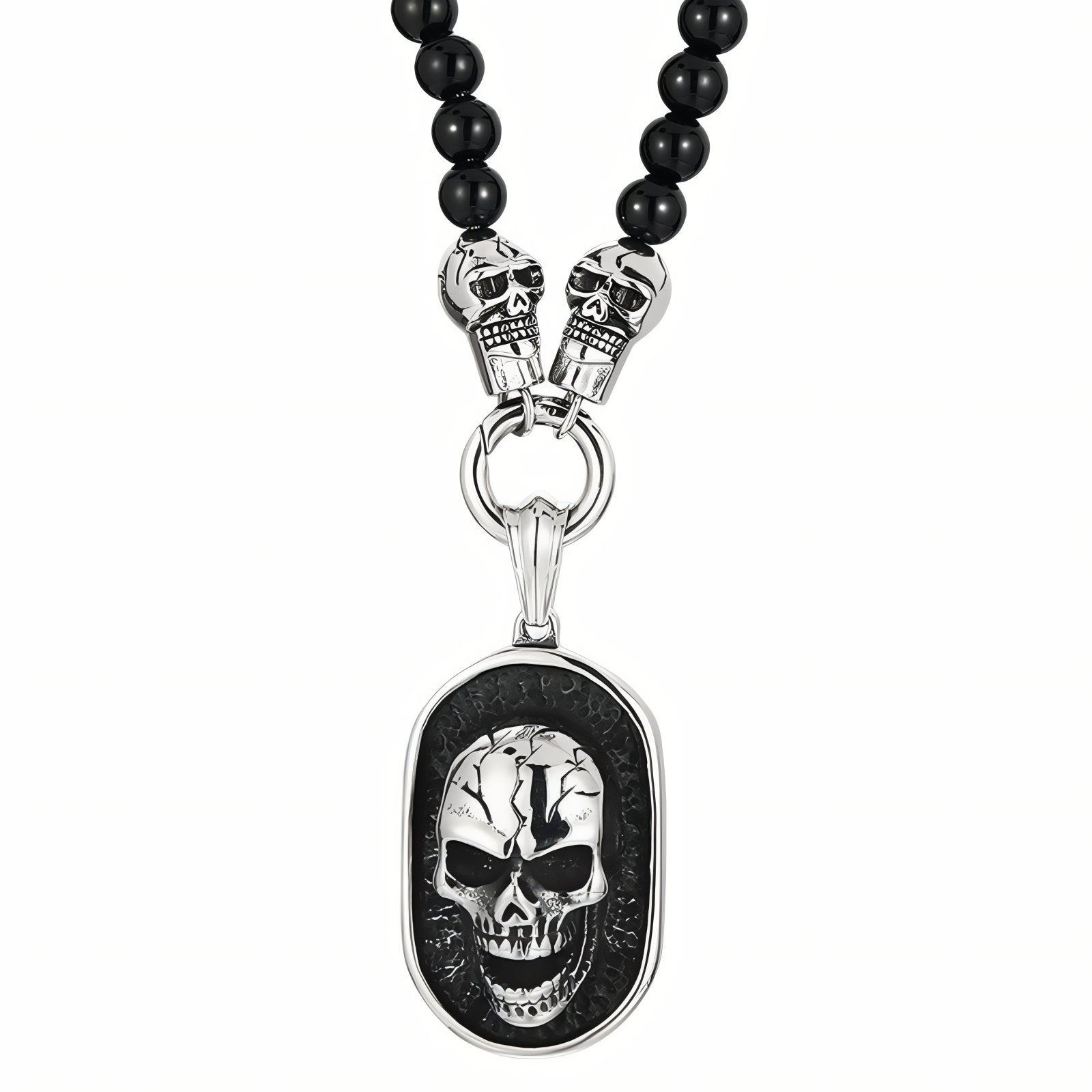 Collier punk pour homme, pendentif tête de mort, en perles naturelles d'agate et acier inoxydable