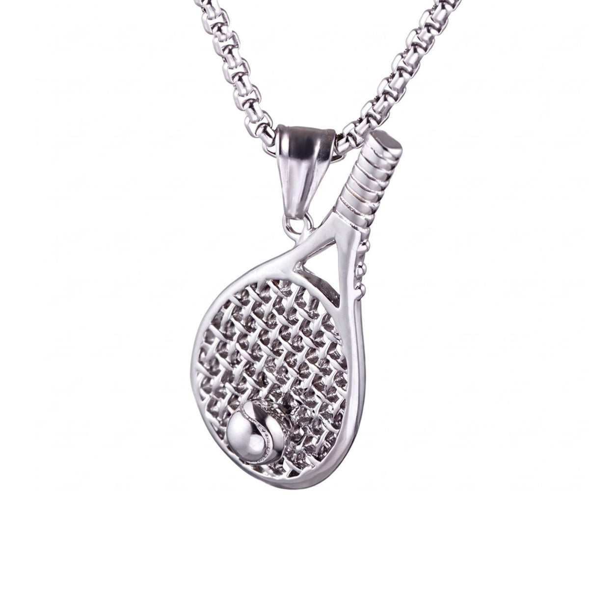 Collier raquette de tennis pour homme, en acier inoxydable argenté, pendentif sportif avec balle en relief