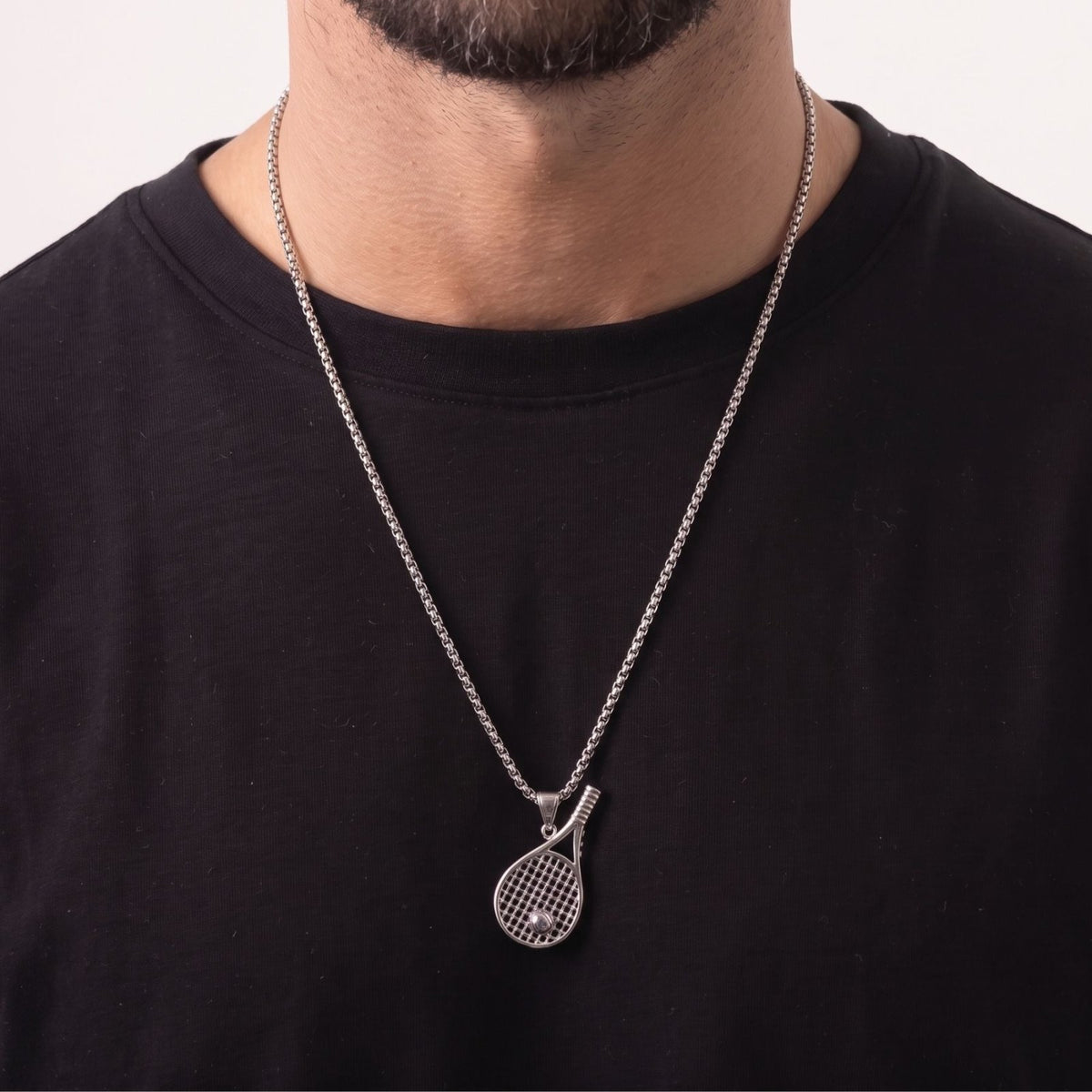 Collier raquette de tennis pour homme, en acier inoxydable argenté, pendentif sportif avec balle en relief