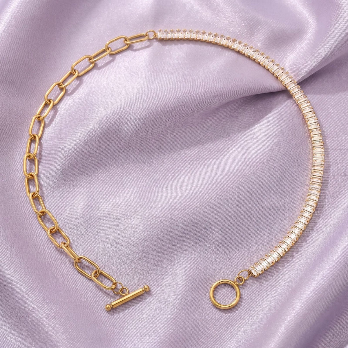 Collier ras de cou asymétrique pour femme, en acier inoxydable, demi-chaîne tennis sertie de zircons et maillons rectangulaires