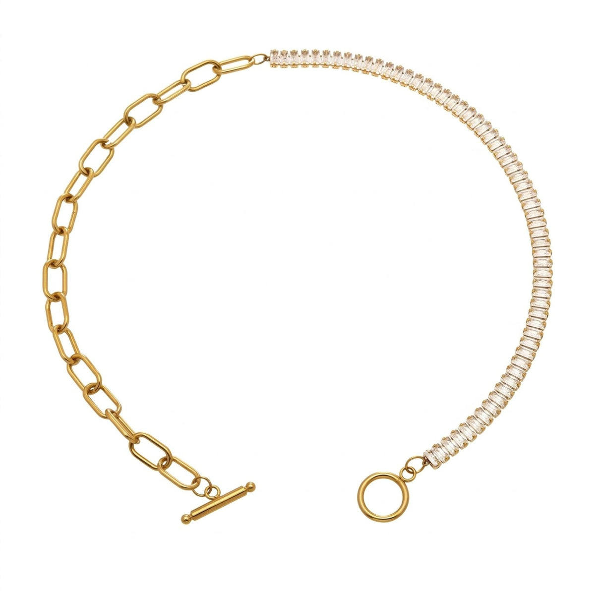 Collier ras de cou asymétrique pour femme, en acier inoxydable, demi-chaîne tennis sertie de zircons et maillons rectangulaires