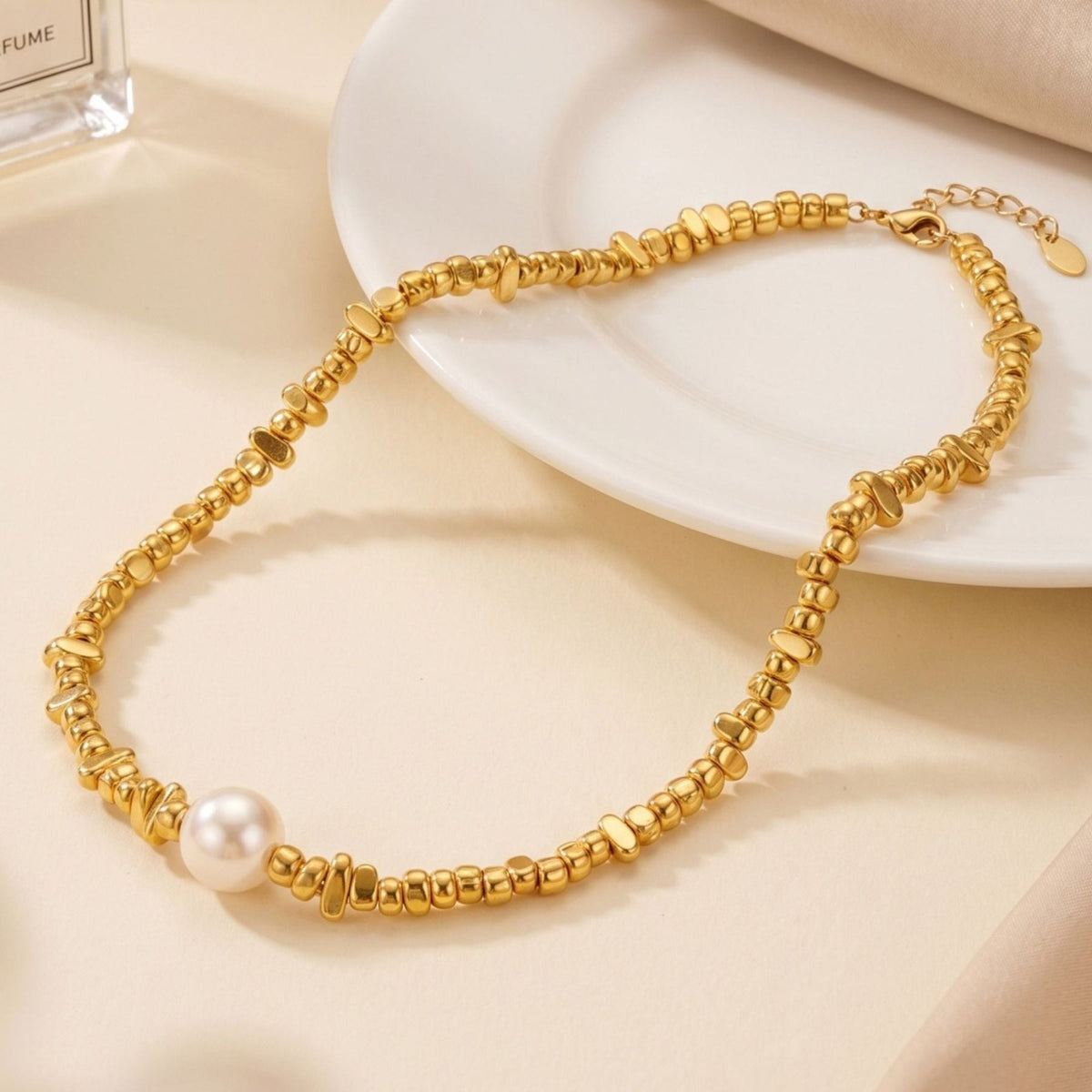 Collier ras de cou avec perle centrale pour femme, en acier inoxydable, chaîne texturée à maillons organiques