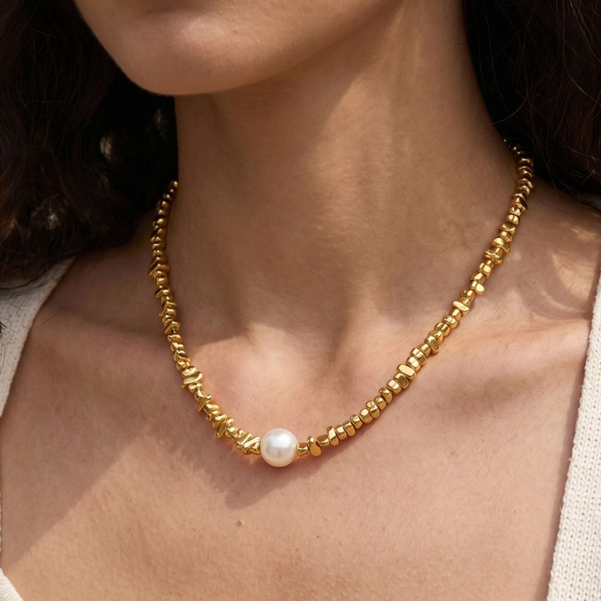 Collier ras de cou avec perle centrale pour femme, en acier inoxydable, chaîne texturée à maillons organiques