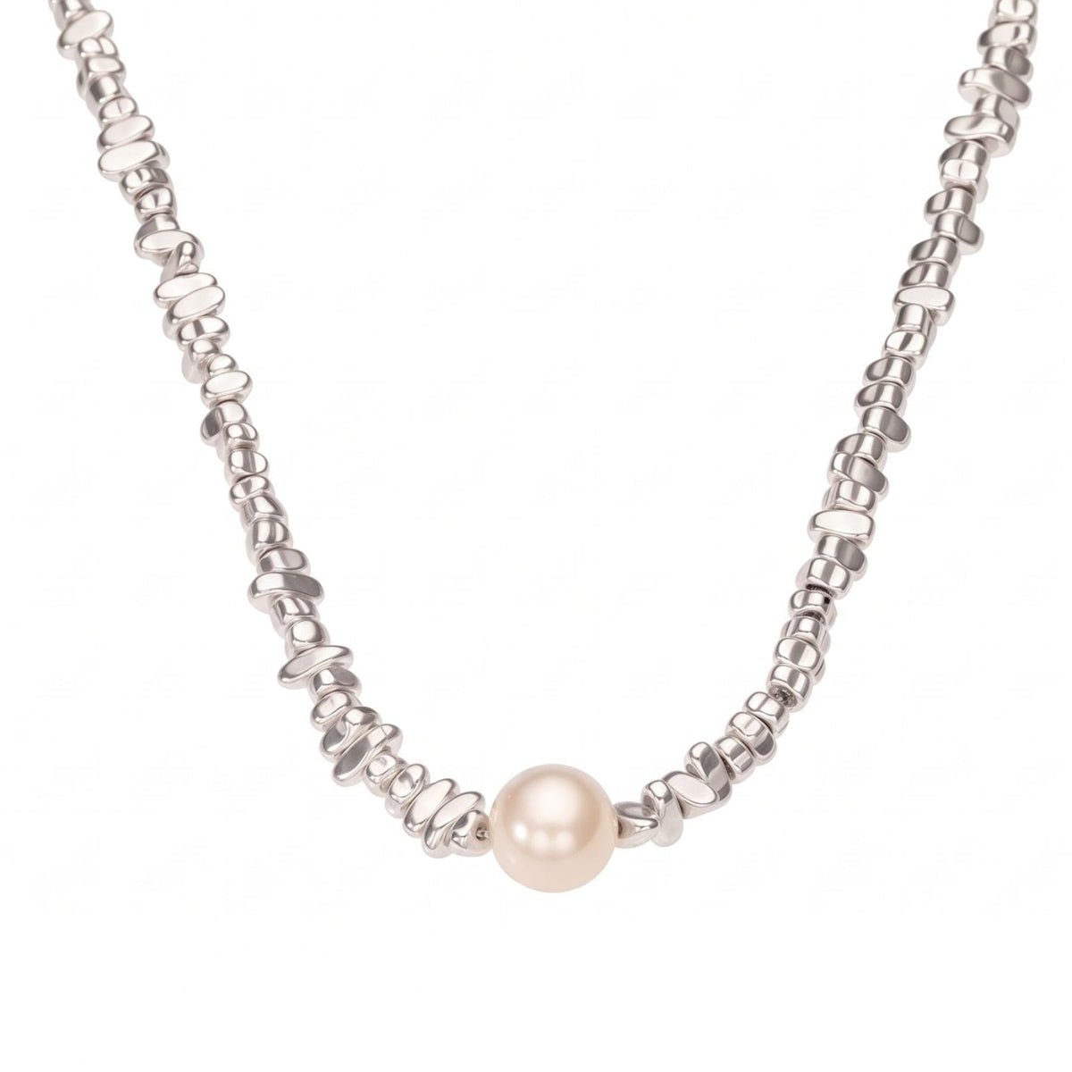 Collier ras de cou avec perle centrale pour femme, en acier inoxydable, chaîne texturée à maillons organiques