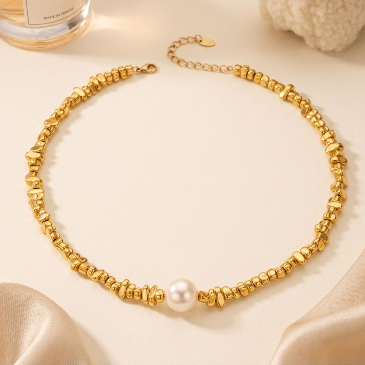 Collier ras de cou avec perle centrale pour femme, en acier inoxydable, chaîne texturée à maillons organiques