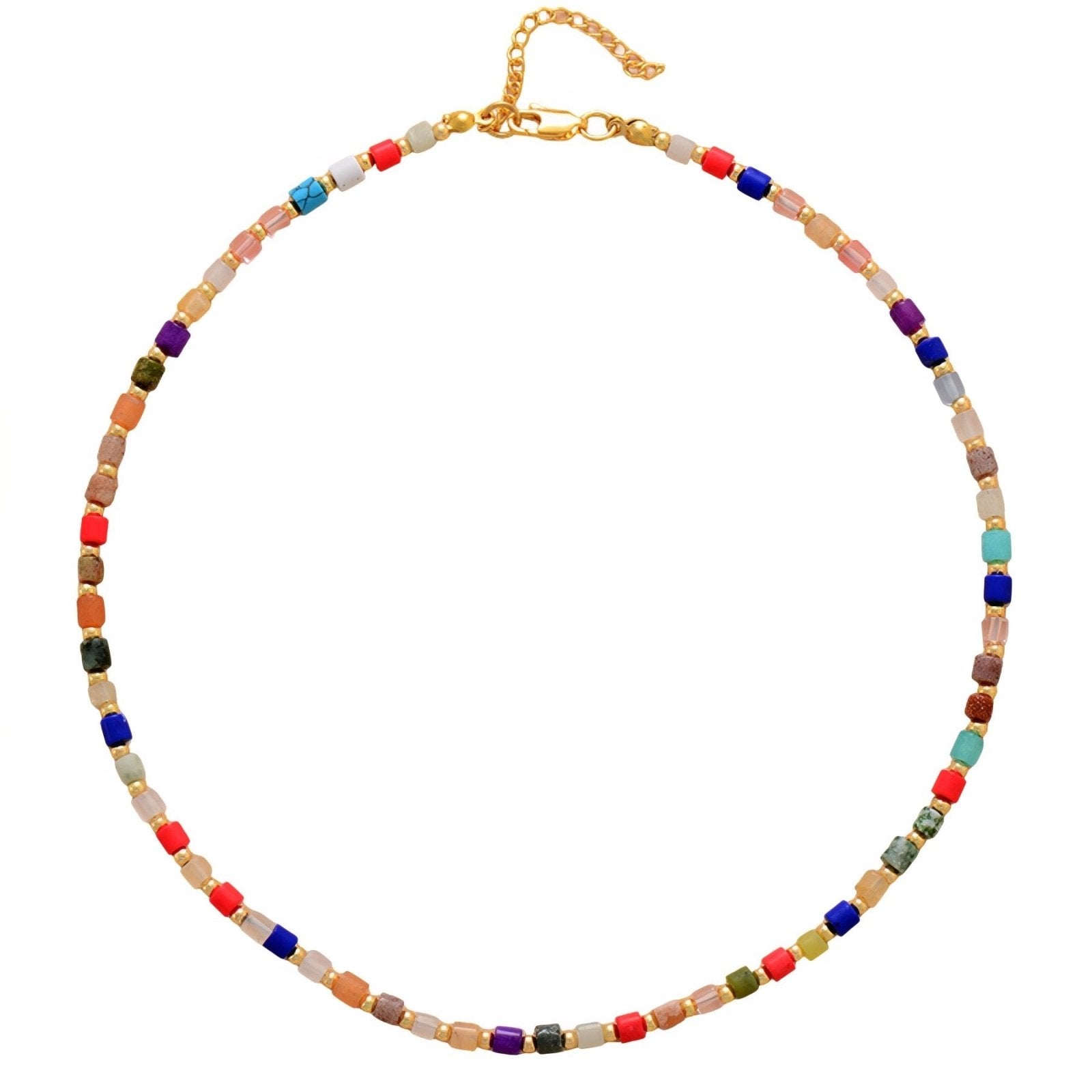 Collier ras - de - cou bohème, en pierres naturelles multicolores, perles cubiques et dorées