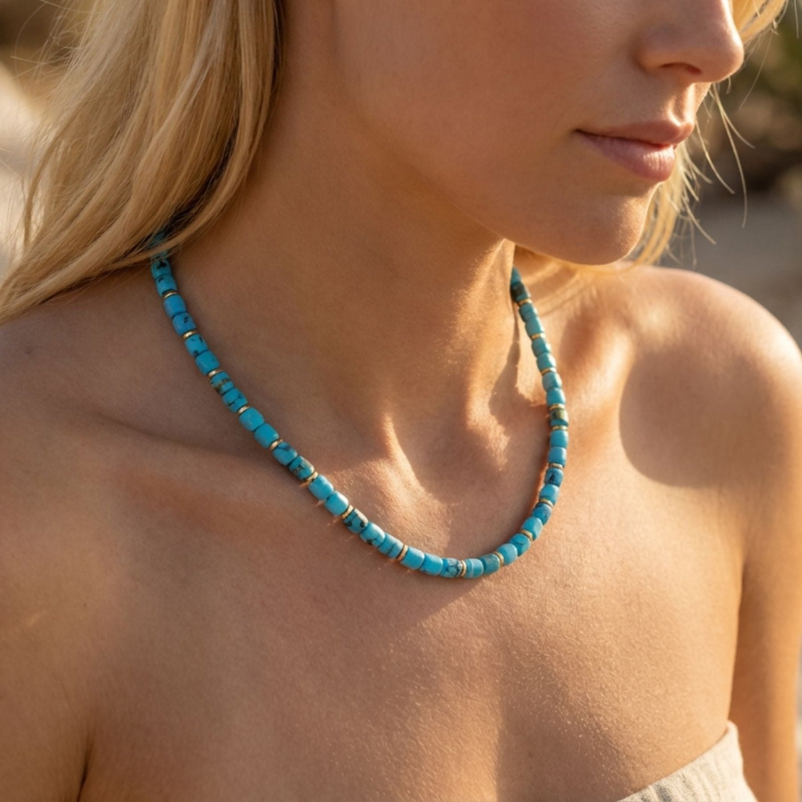 Collier ras - de - cou en pierres de turquoise naturelle, perles cylindriques, style bohème