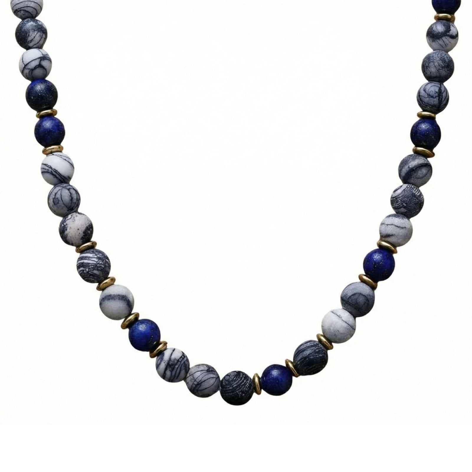 Collier ras - de - cou en pierres naturelles, Lapis - Lazuli et Jaspe zébré, perles 8 mm