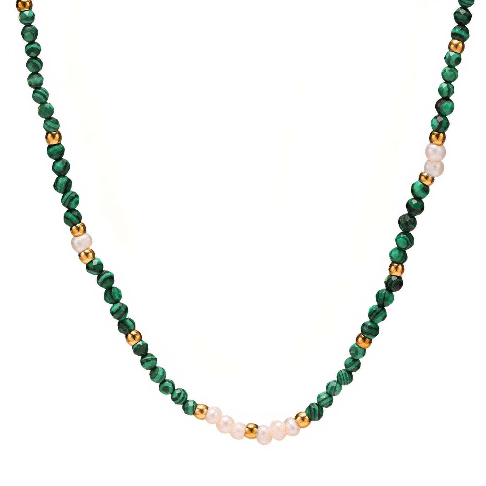 Collier ras - de - cou femme, pierres naturelles malachite et perles d’eau douce, fermoir en acier inoxydable