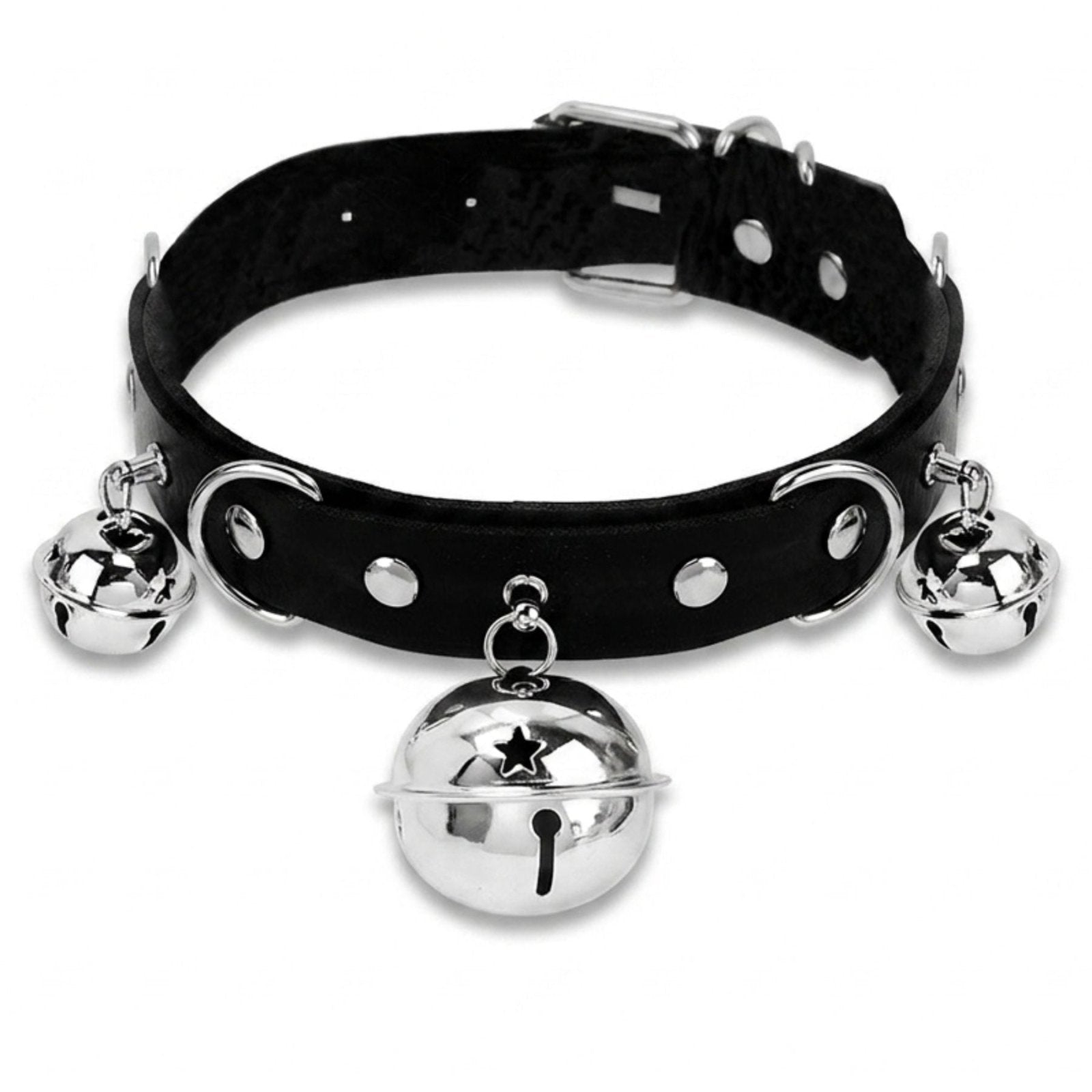 Collier ras de cou gothique pour femme, en simili cuir noir, avec clochettes métallique