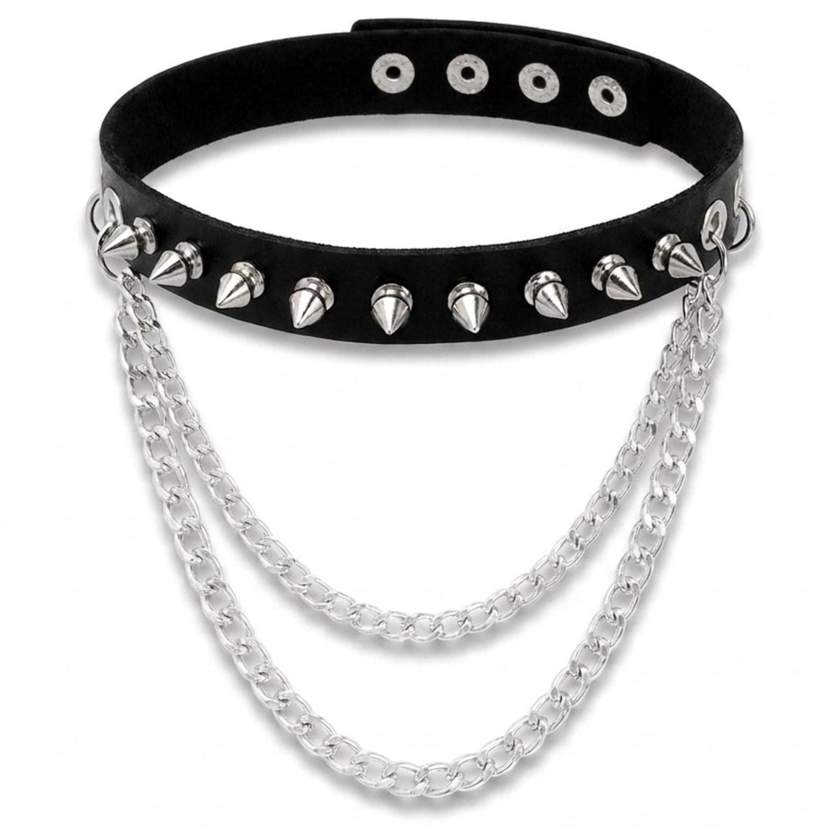Collier ras de cou gothique pour femme, en simili cuir noir, avec double chaîne et clous coniques