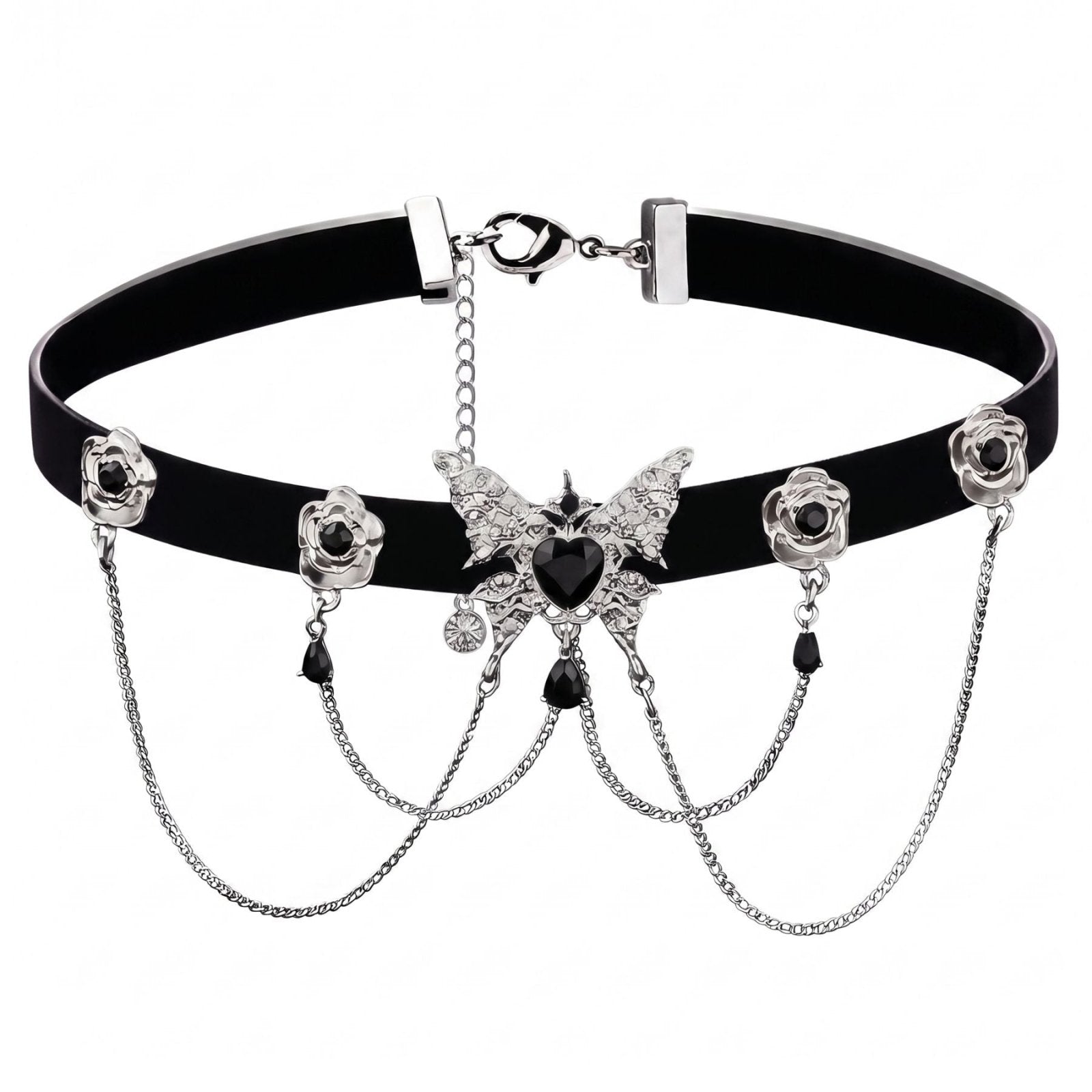 Collier ras de cou gothique pour femme, en simili cuir noir, avec papillon argenté et cœur noir