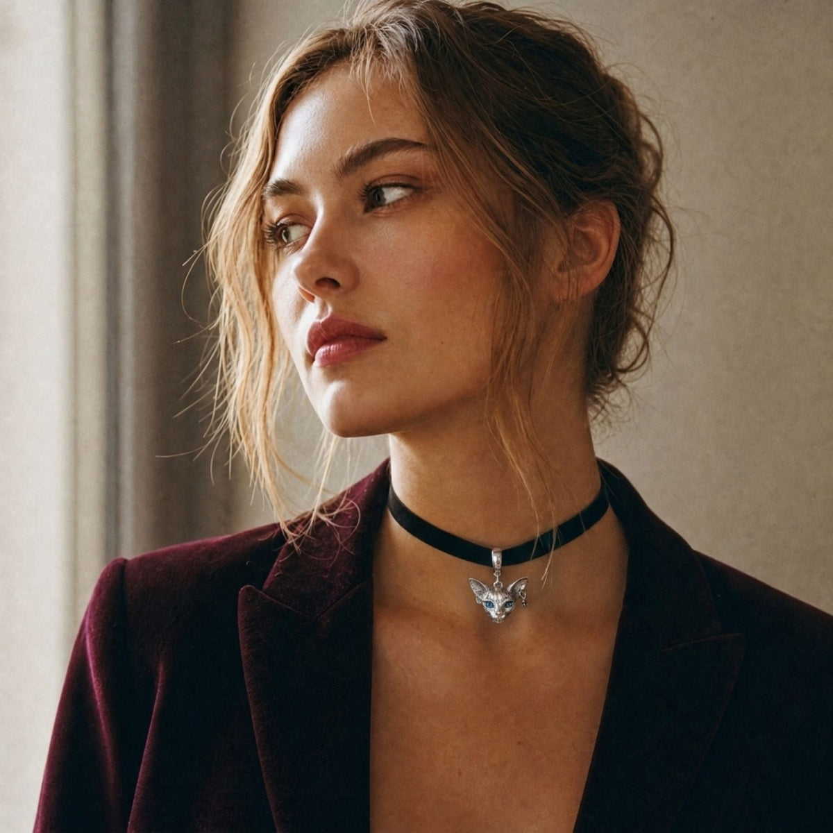 Collier ras de cou gothique pour femme, en simili cuir noir, avec pendentif tête de chat en cuivre