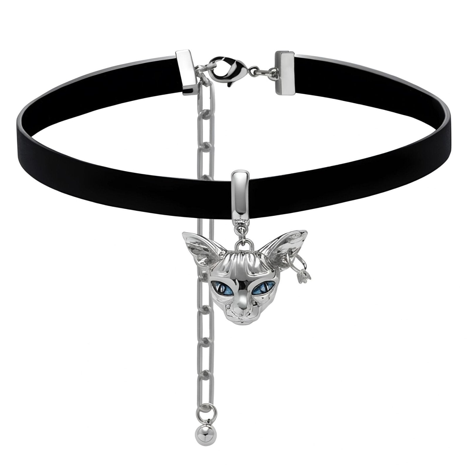 Collier ras de cou gothique pour femme, en simili cuir noir, avec pendentif tête de chat en cuivre