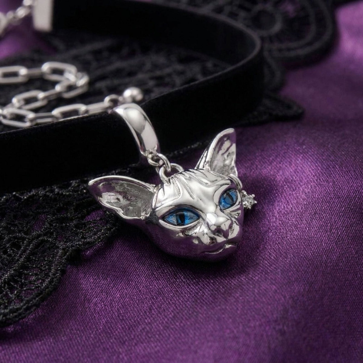 Collier ras de cou gothique pour femme, en simili cuir noir, avec pendentif tête de chat en cuivre