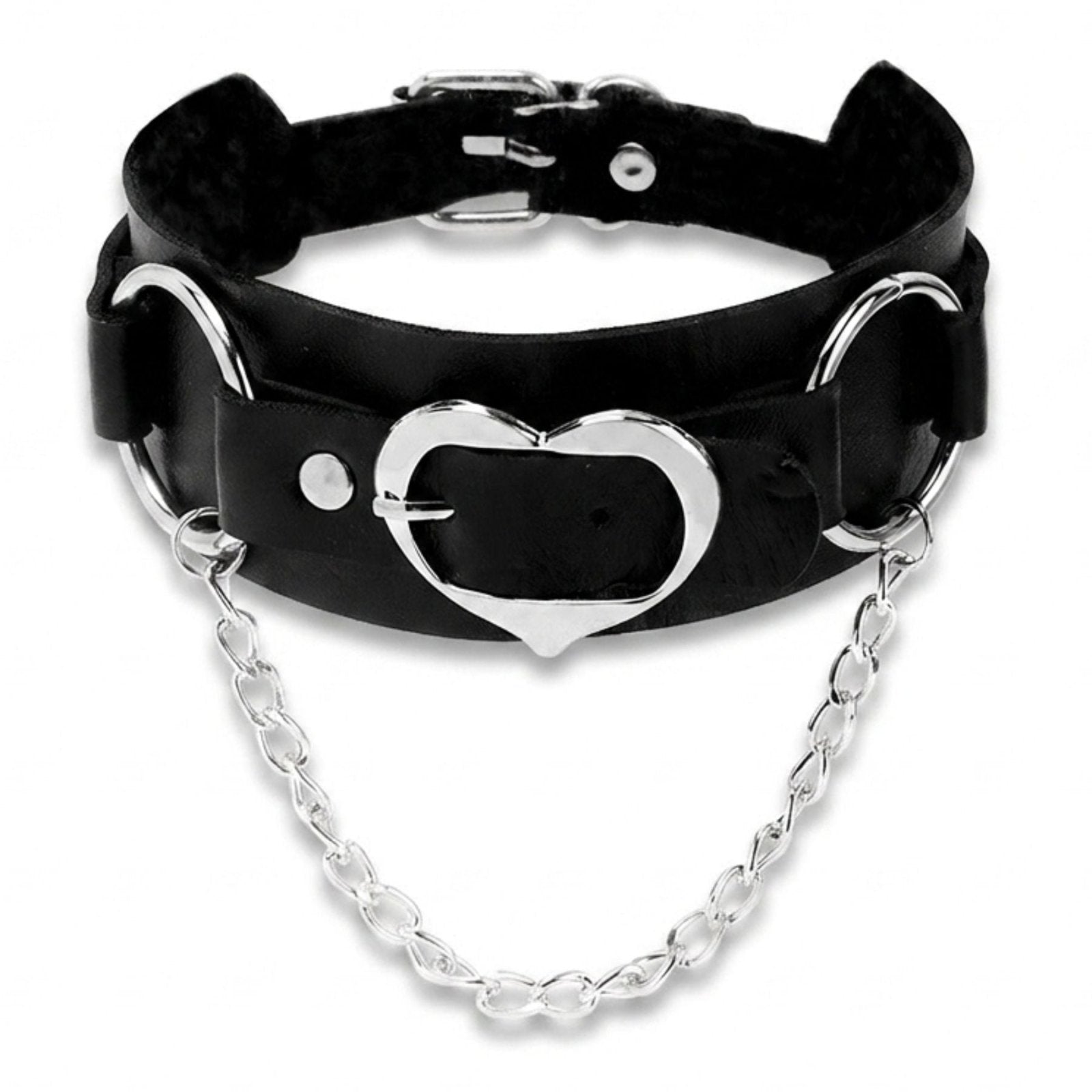 Collier ras de cou gothique punk pour femme, en simili cuir noir, avec cœur métallique et chaîne argentée