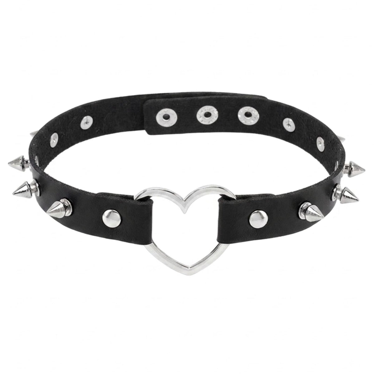 Collier ras de cou gothique punk pour femme, en simili cuir noir, avec pendentif cœur métallique et clous argentés
