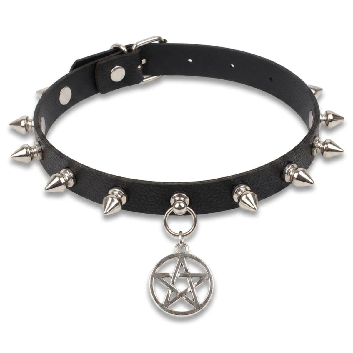 Collier ras de cou gothique punk pour femme, en simili cuir noir, avec pendentif pentagramme et clous argentés