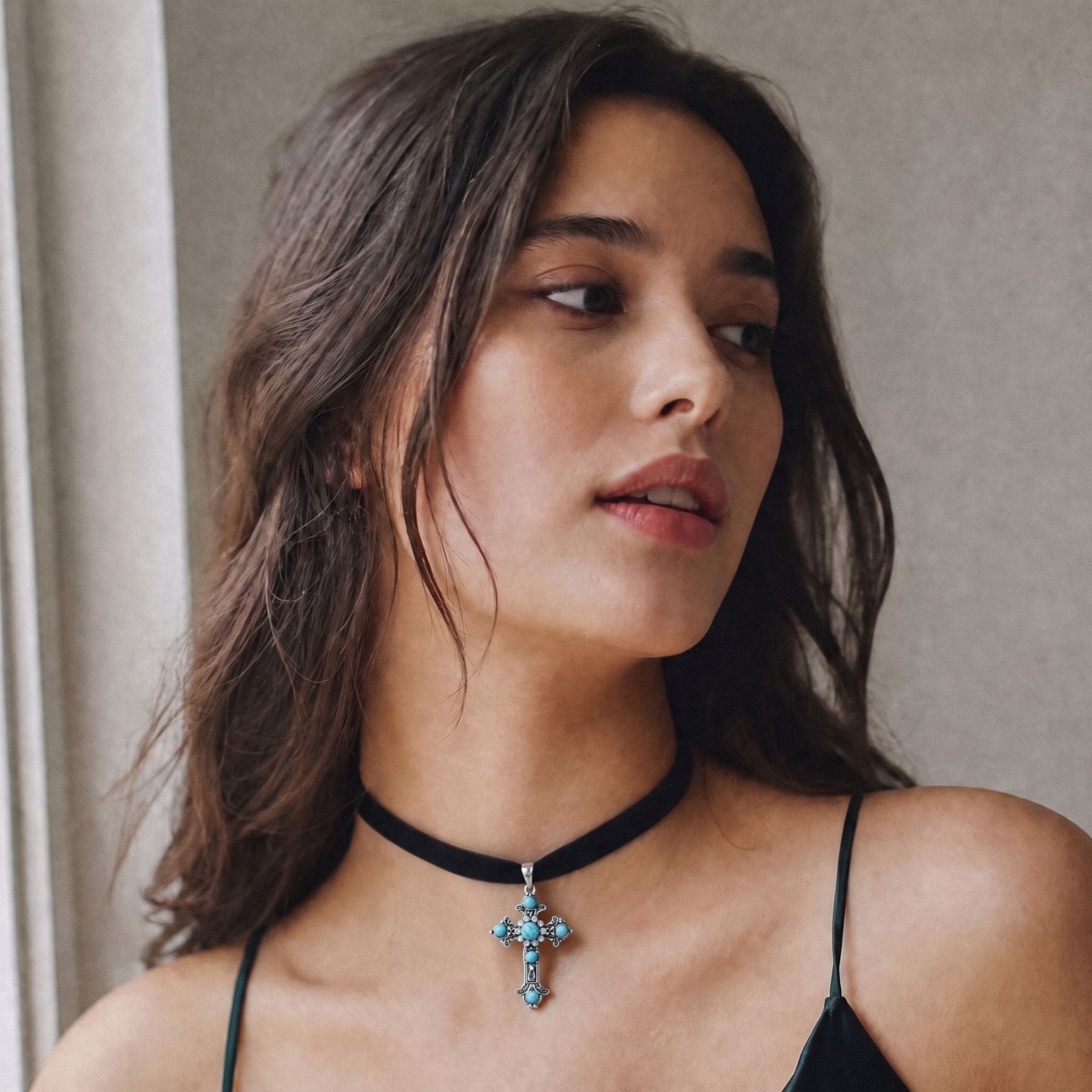 Collier ras de cou gothique victorien pour femme, en alliage de zinc, avec pierre turquoise