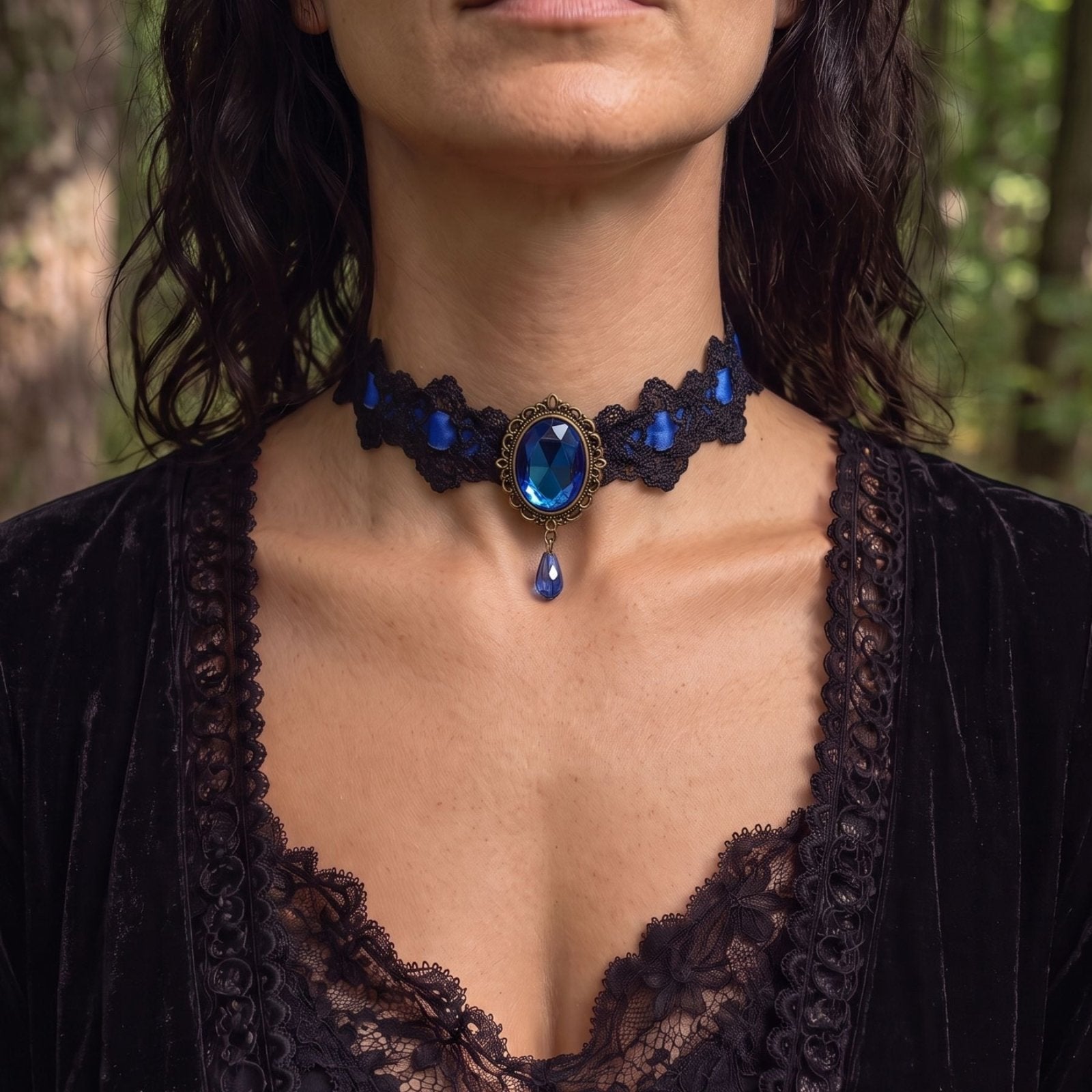 Collier ras de cou gothique victorien pour femme, en dentelle, avec cristal intégré