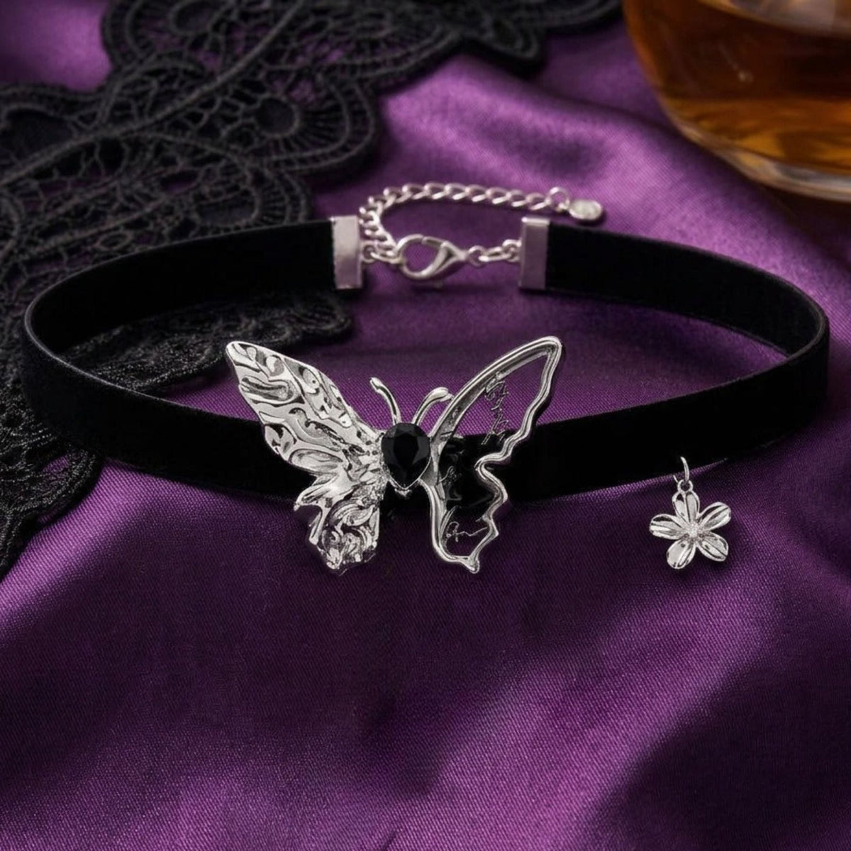 Collier ras de cou papillon pour femme, en simili cuir noir et cuivre, style gothique