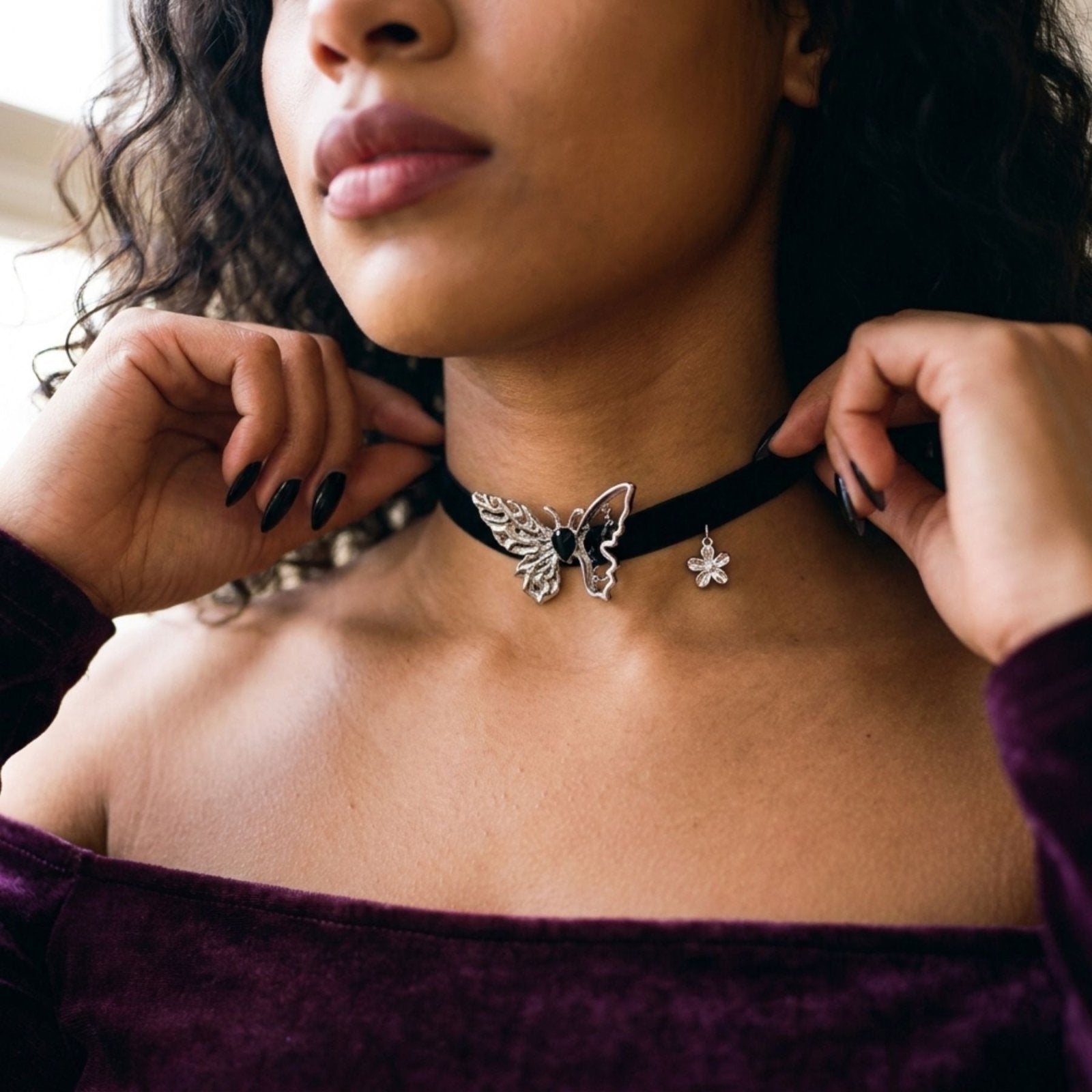 Collier ras de cou papillon pour femme, en simili cuir noir et cuivre, style gothique