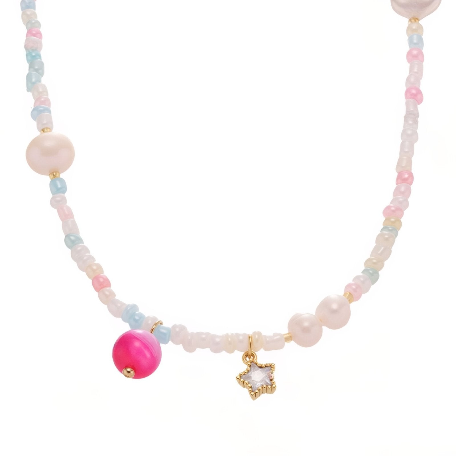 Collier ras - de - cou, perles d’eau douce et agate, pendentifs coquillage, étoile et queue de sirène