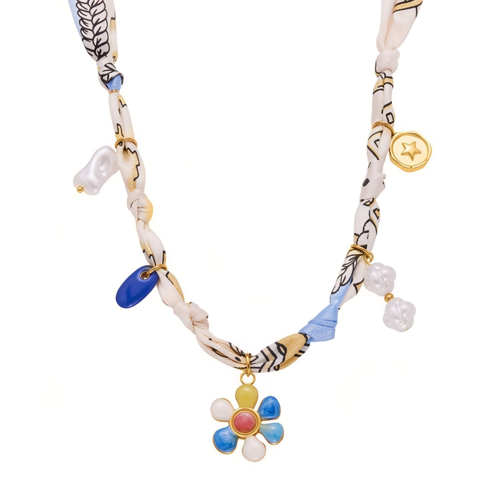 Collier ras - du - cou à foulard pour femme, pendentif cœur rose en zircons ou fleur bleue en perles, en acier inoxydable