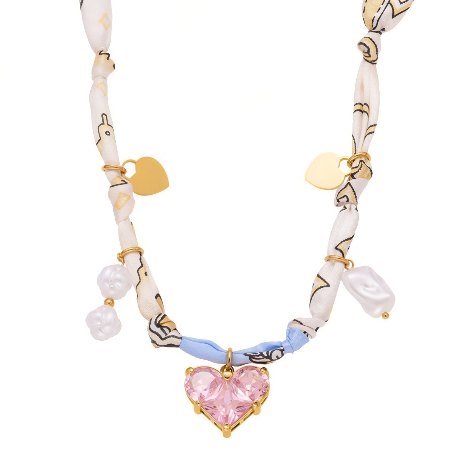 Collier ras - du - cou à foulard pour femme, pendentif cœur rose en zircons ou fleur bleue en perles, en acier inoxydable