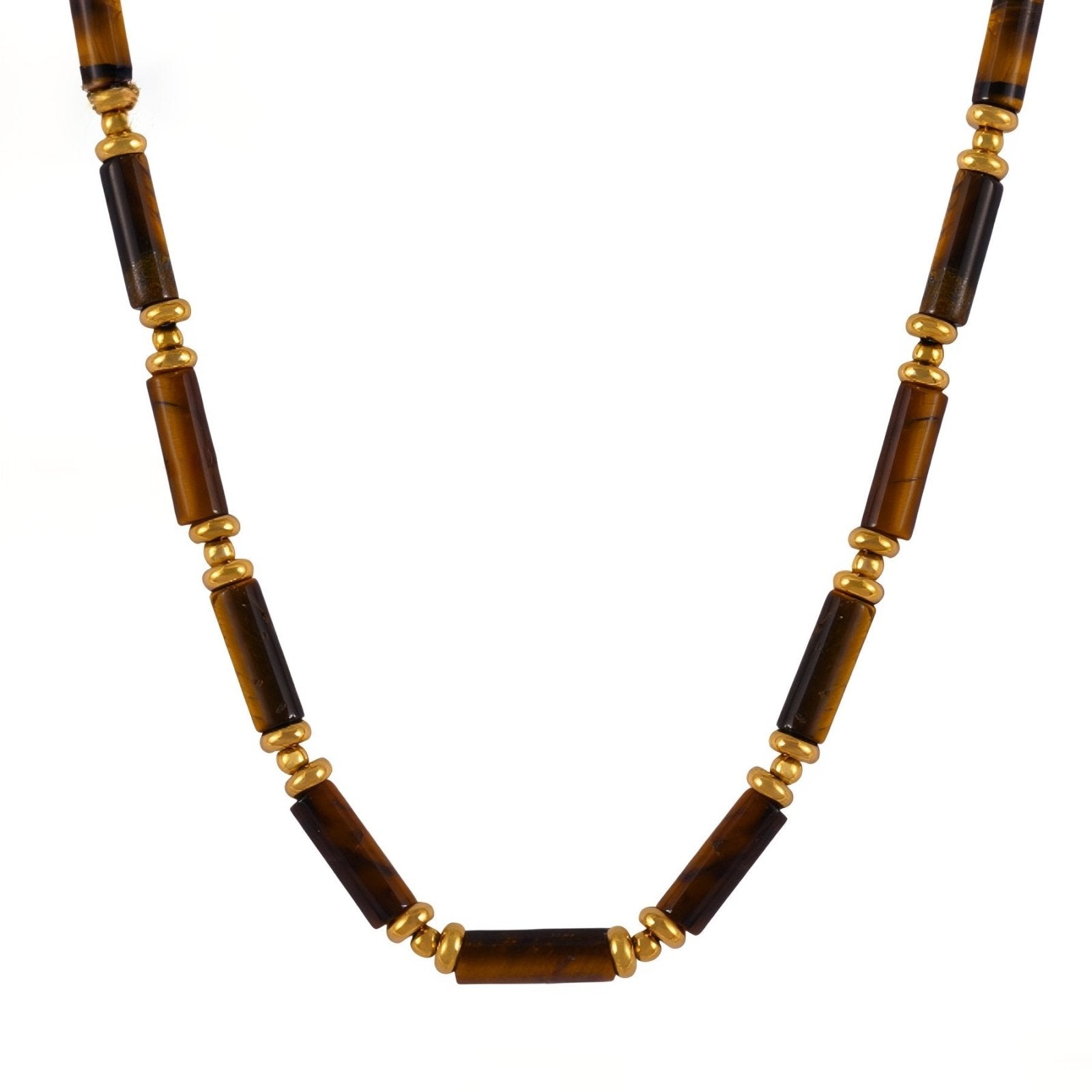 Collier ras du cou en pierre naturelle œil de tigre, perles cylindriques et acier inoxydable plaqué or