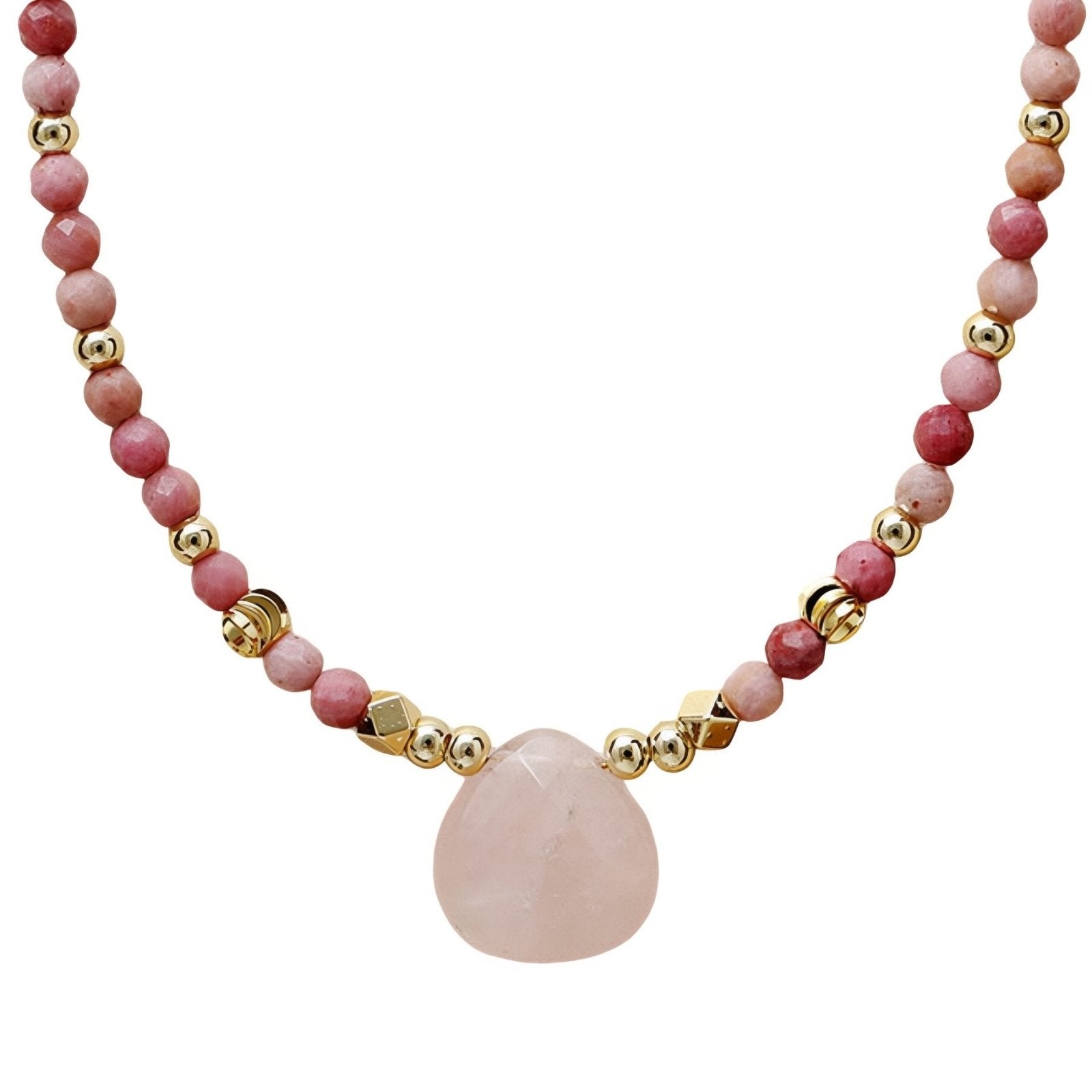 Collier ras - du - cou en pierres naturelles, quartz rose ou œil de tigre, perles fines dorées et pendentif goutte