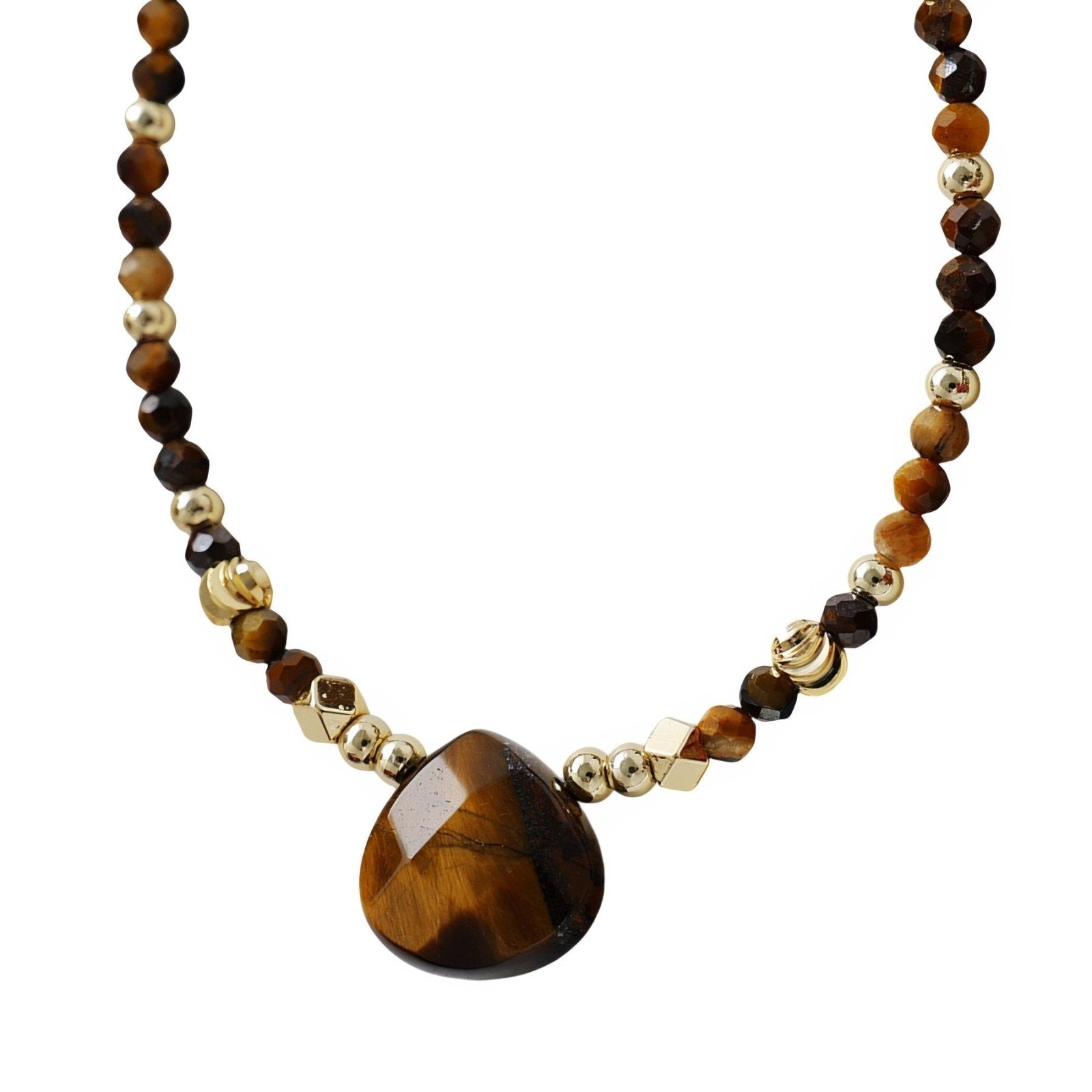 Collier ras - du - cou en pierres naturelles, quartz rose ou œil de tigre, perles fines dorées et pendentif goutte